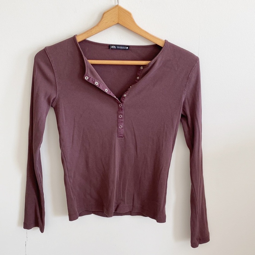Zara plum ribbed long sleeve Henley top - Picture 1 of 5